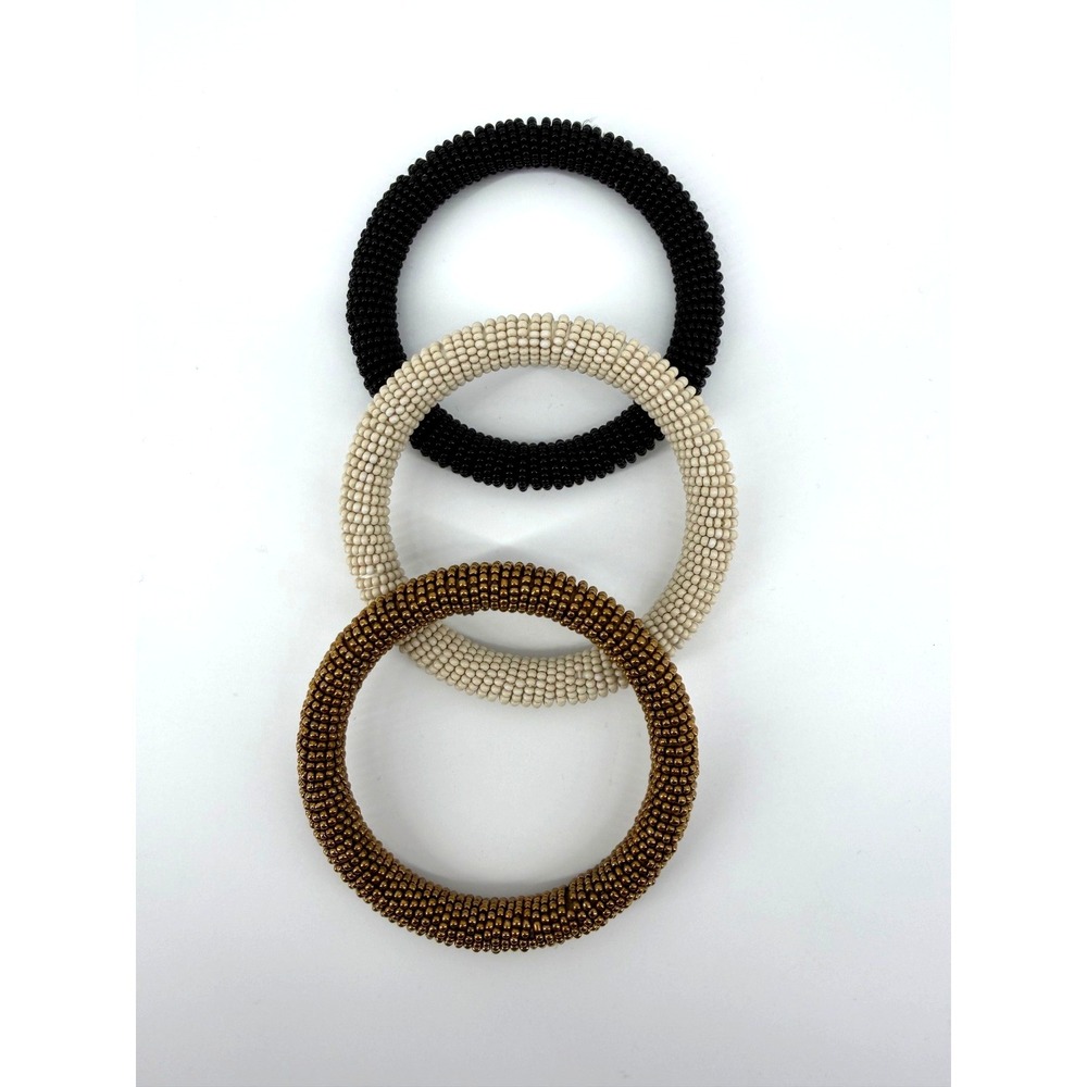 Ink + Alloy Seed Bead Bangle Bracelet Set Gold Black Ivory Stretch Stack